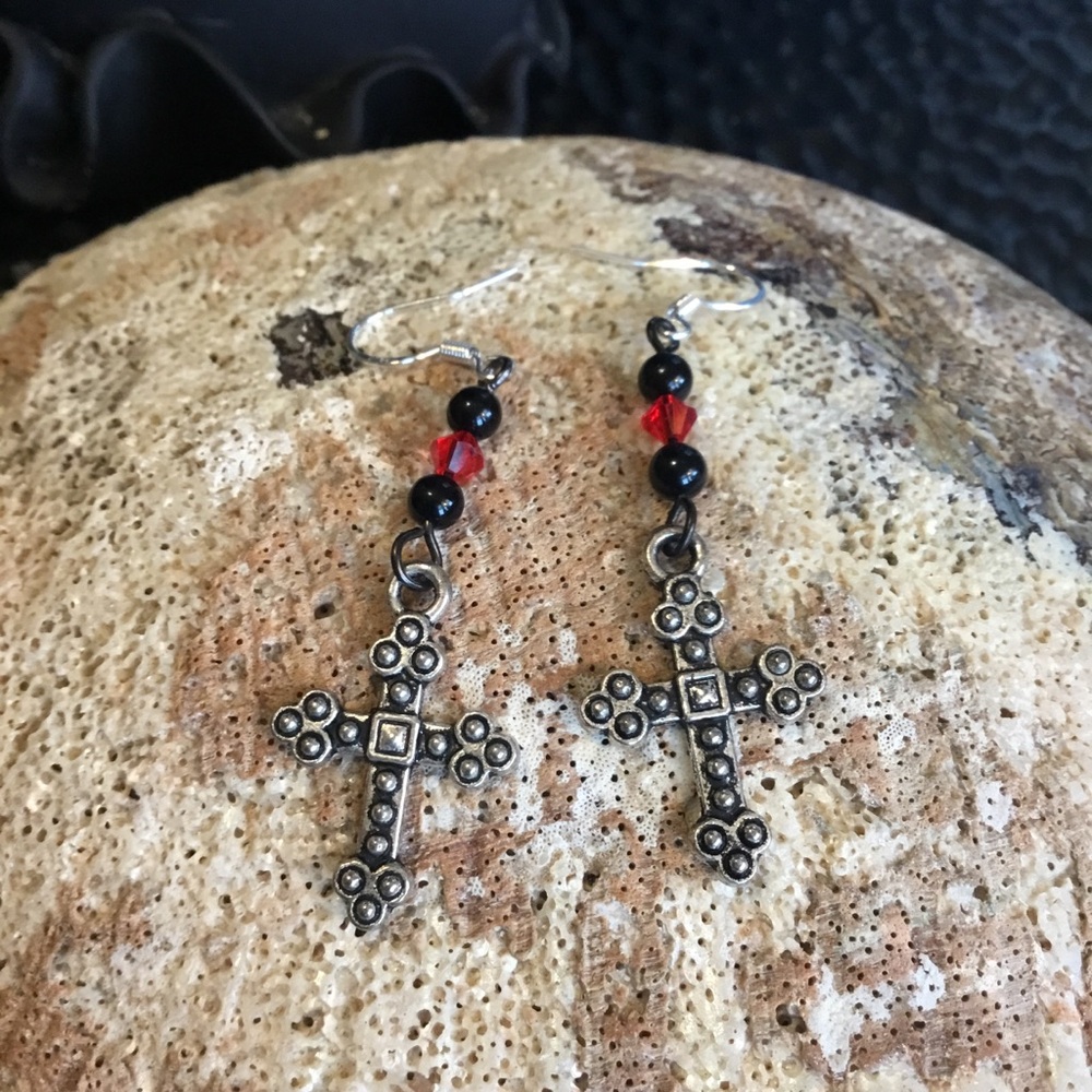 Gothic Style Earrings with Black Onyx Beads and Red Crystals